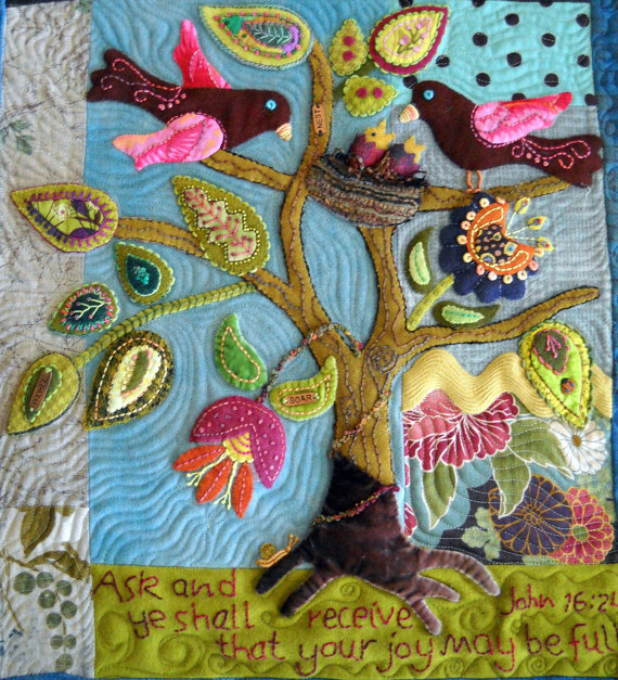 Wool Folk Art Quilt Wallhanging Pattern Titled Ask, Believe, Receive Birds And Flowers - So ...